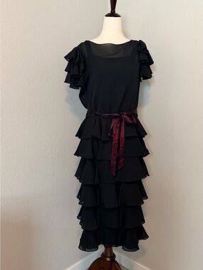 Samax New York Tiered Ruffle Midi Dress 
Black Chiffon Union Made